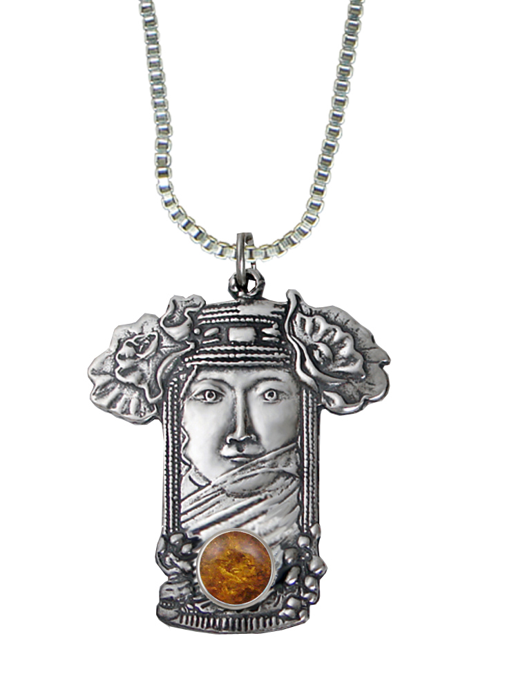 Sterling Silver Veiled Woman Maiden Pendant With Amber